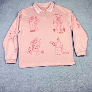 Quirky Clown Button Polo Long Sleeve Pink Academia Preppy Sweater M/L